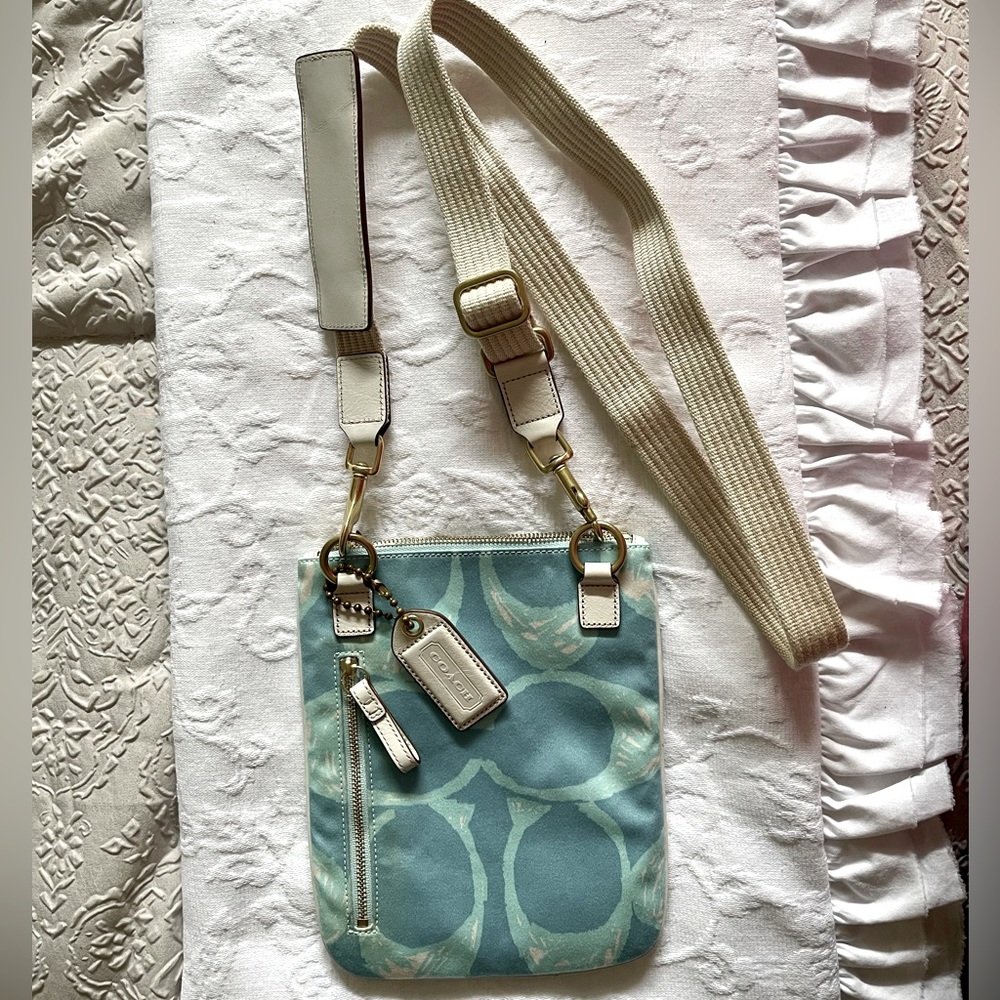 Authentic Coach Signature Crossbody, Cloth, Teal Blue and Beige, NWOT